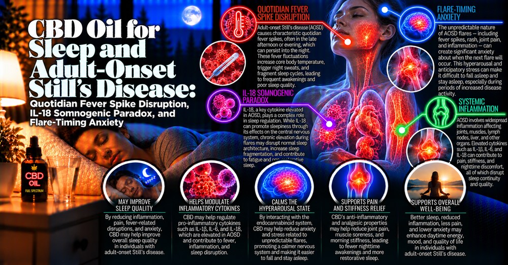 CBD Oil for Sleep and Adult-Onset Still's Disease: Quotidian Fever Spike Disruption, IL-18 Somnogenic Paradox, and Flare-Timing Anxiety